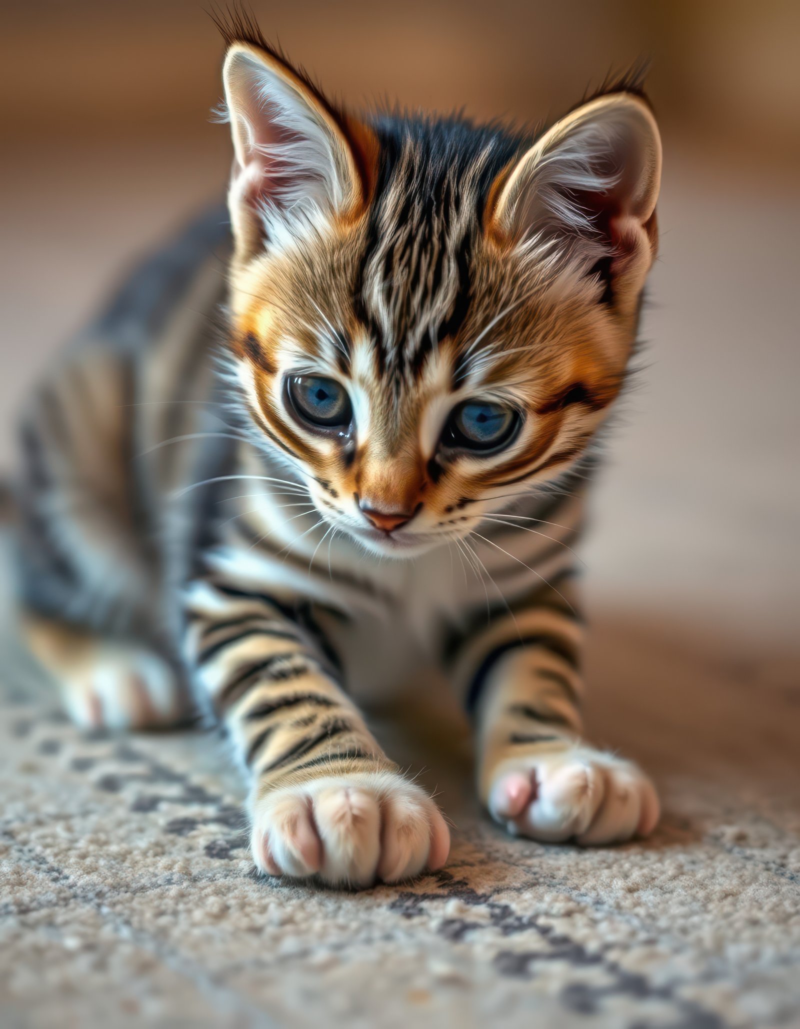Cute playful kitten exploring a cozy indoor space with curious blue eyes